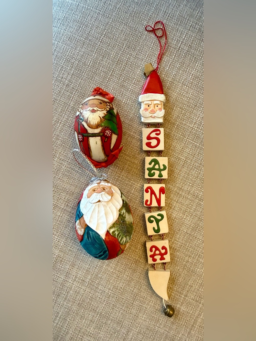 Vintage Hand-Painted/Hand-Carved Santa Holiday Ornaments - Red & Green